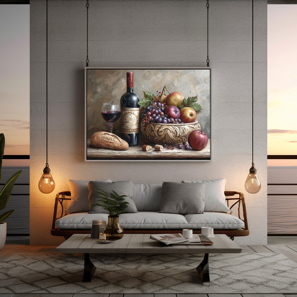 Vintage Wine Bottle Fruit Bowl Still Life Oil Painting Wall Art - Image 4
