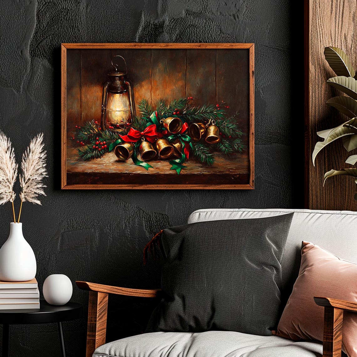Brass Jingle Bells Pine Berries Rustic Christmas Lantern Wall Art - Image 4