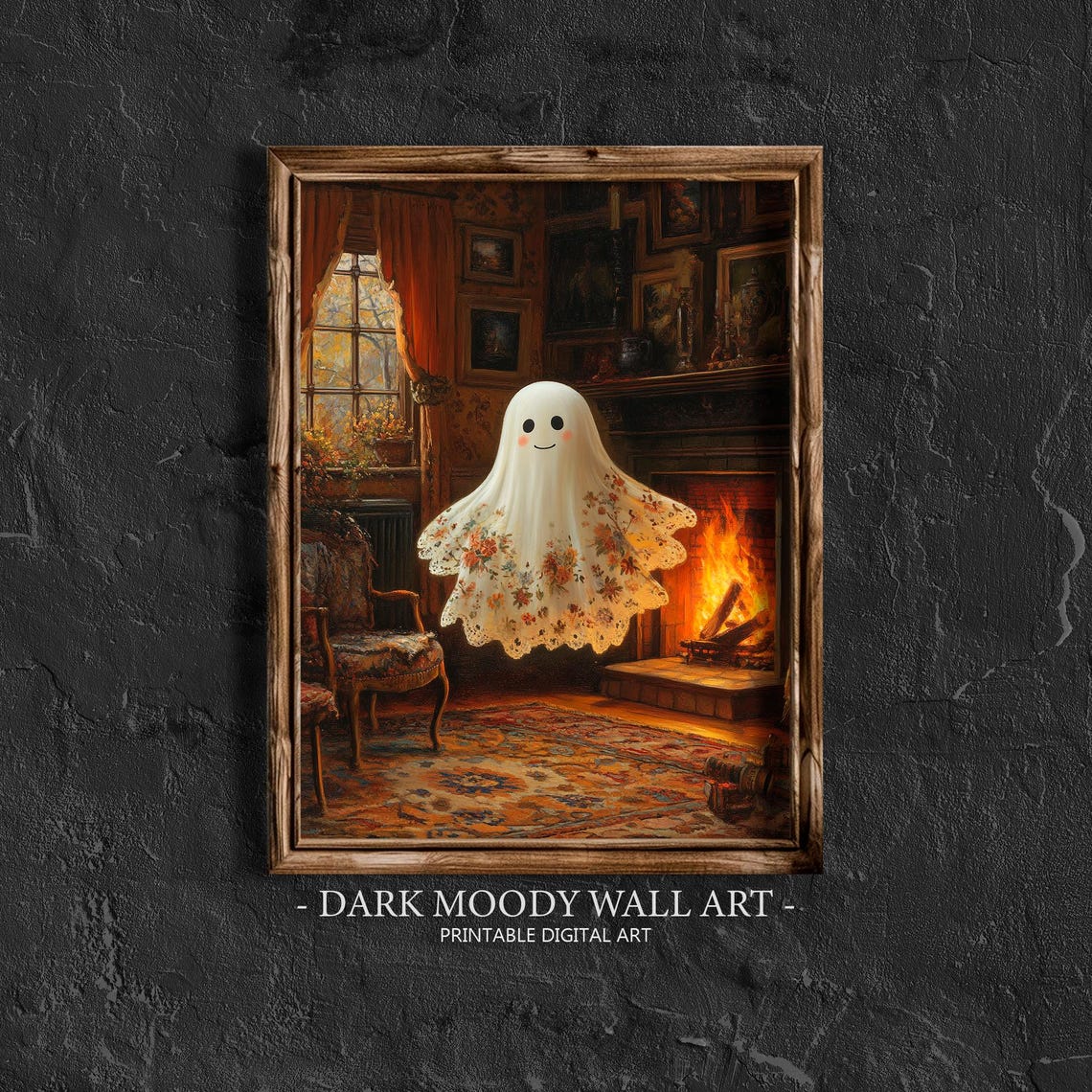 Cute Ghost Floral Sheet Cozy Victorian Parlor Fireplace Wall Art