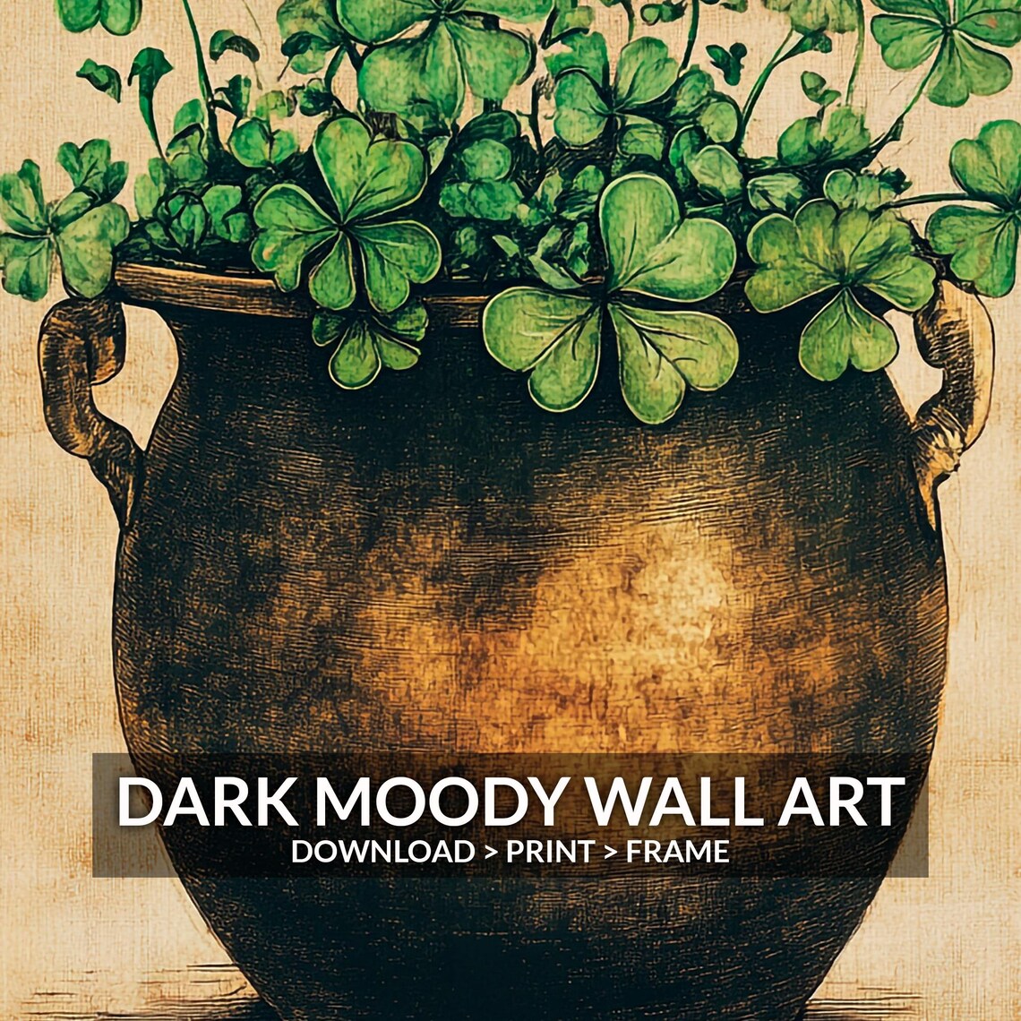 Shamrocks In Dark Urn Pot Vintage Irish Good Luck Clover Wall Art - Image 6
