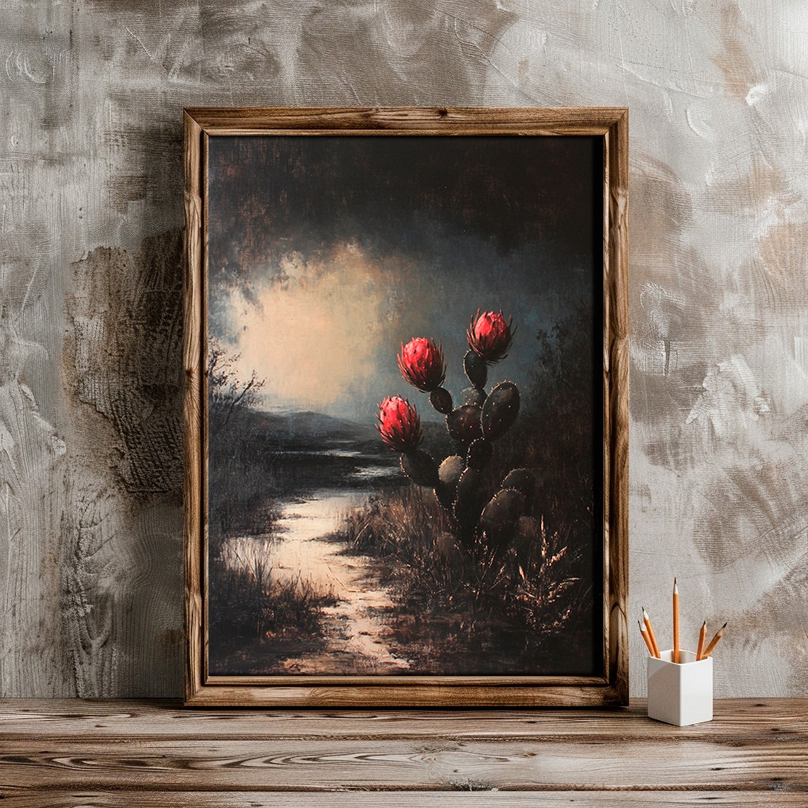 Flowering Prickly Pear Cactus Dusk Stream Landscape View Poster - Image 2