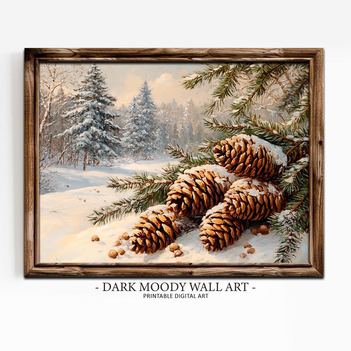 Snow Dusted Pine Cones on Pine Branches in Winter Forest Wall Art