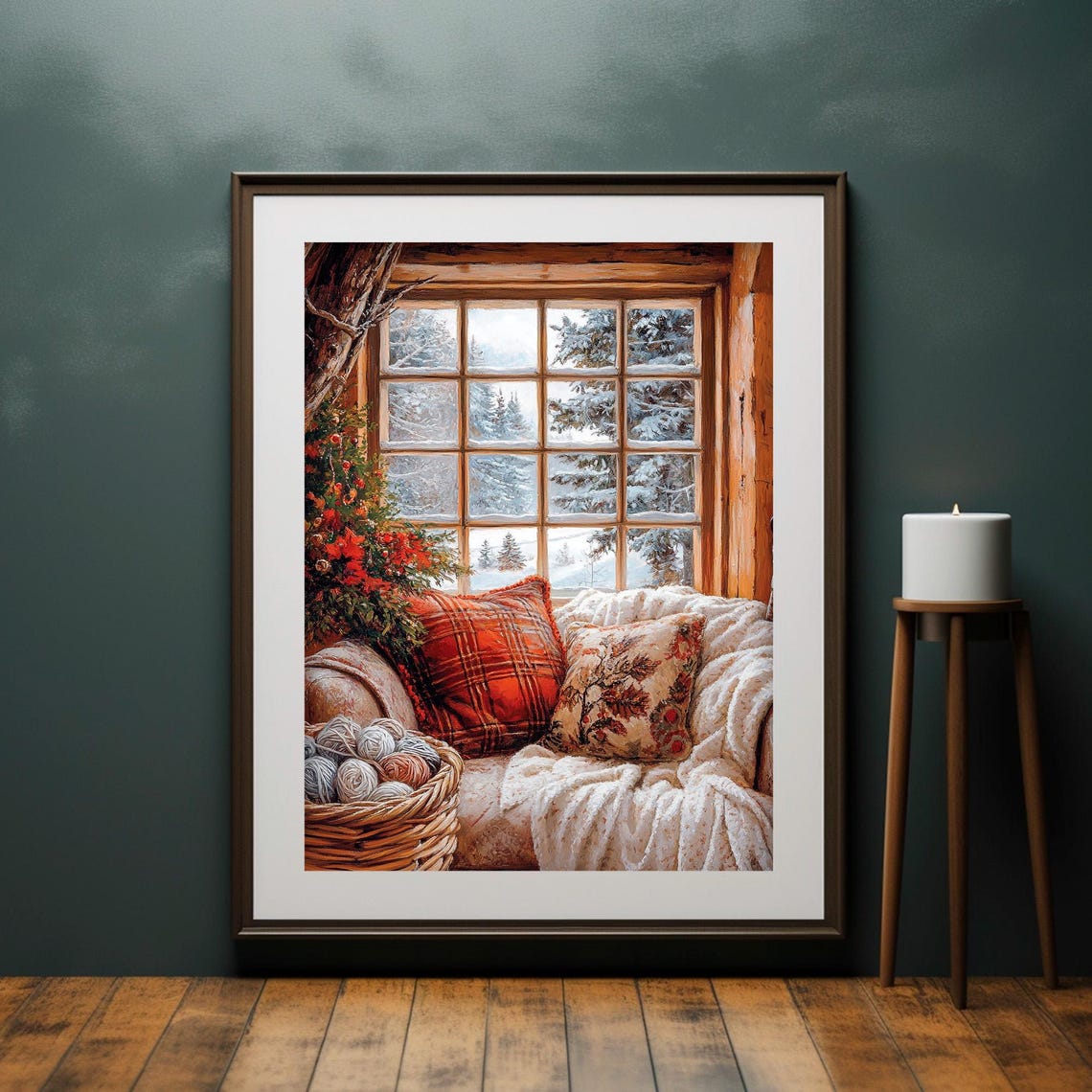 Winter Window Nook Knitting Yarn Plaid Pillows Cozy Scene Poster - Image 2
