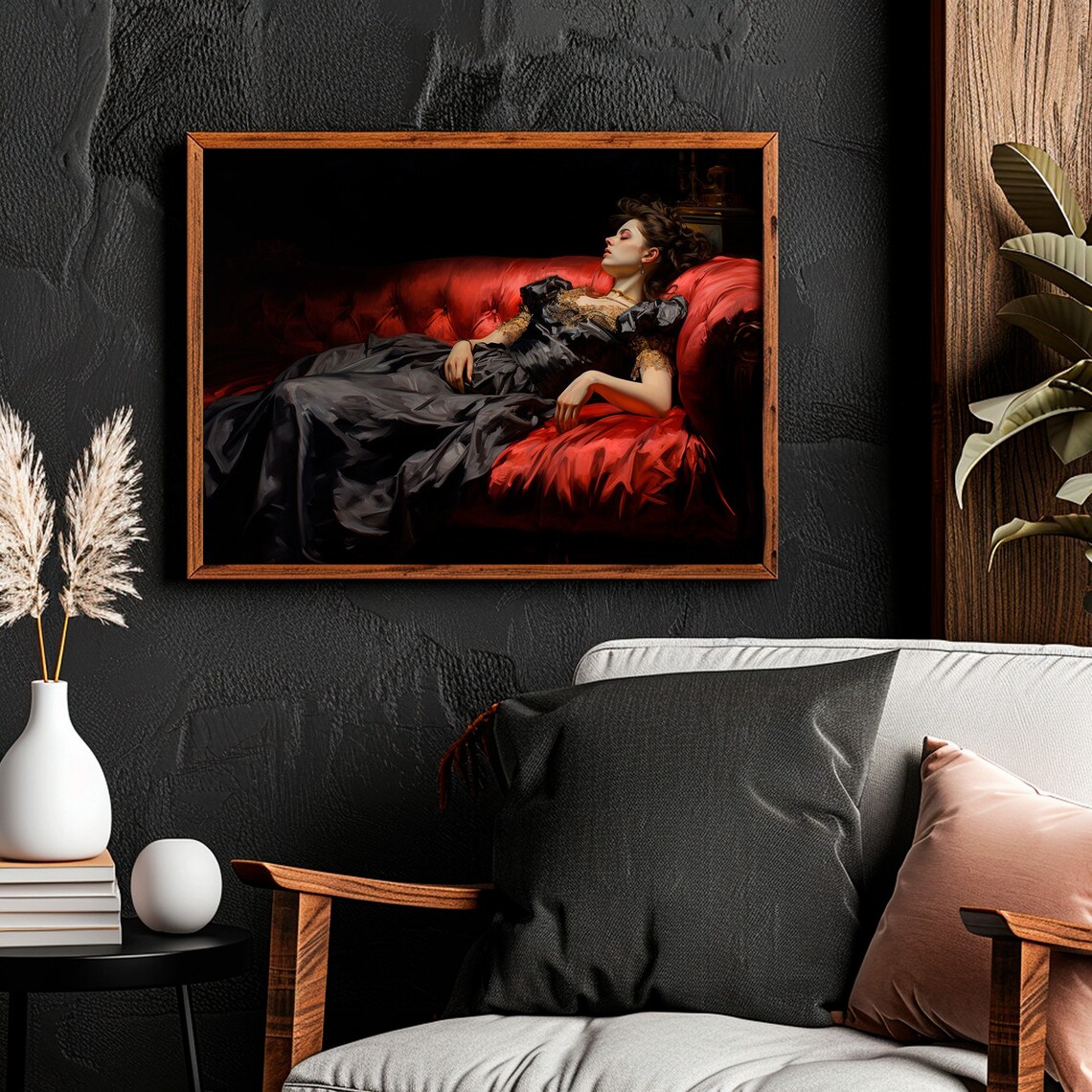Victorian Woman Black Gown Red Velvet Sofa Dark Romance Art Print - Image 2