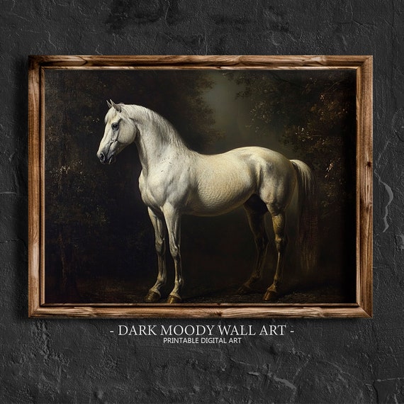 Horse Wall Art Dark Moody Wall Art White Horse Painting Vintage Dark Academia Decor Dark Cottagecore Farmhouse Wall Decor