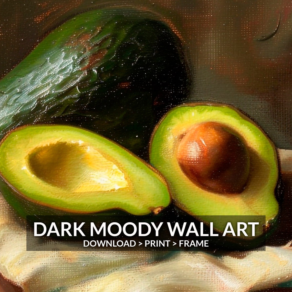 Avocado Print Moody Kitchen Wall Decor Dark Still Life Painting Rustic Farmhouse Vegetable Wall Art - Image 2