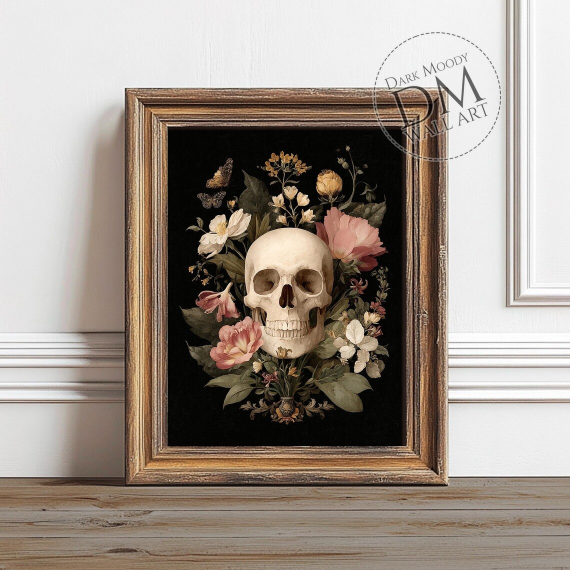 Skull And Flowers Wall Art Gothic Dark Botanical Print