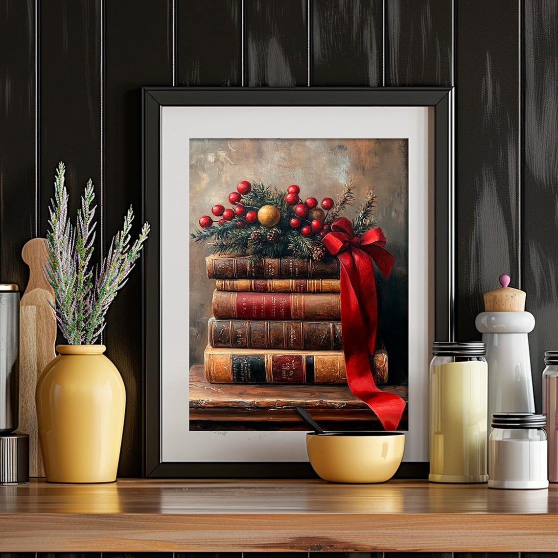 Stack of Vintage Books Tied With Red Ribbon Christmas Wall Art - Image 6