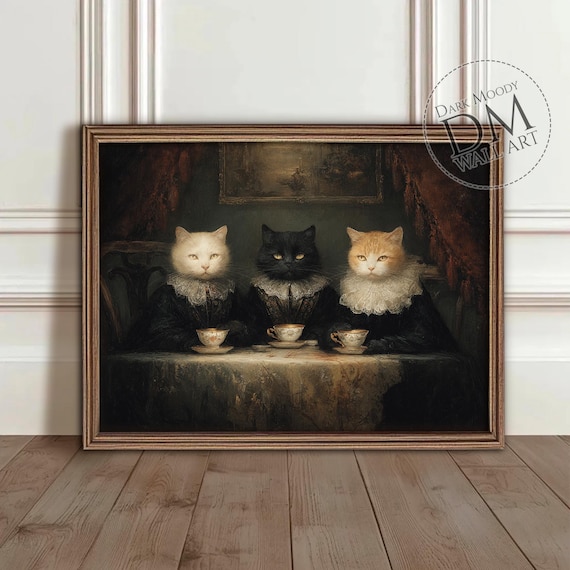 Victorian Cats Wall Art Gothic Dark Academia Tea Party Print