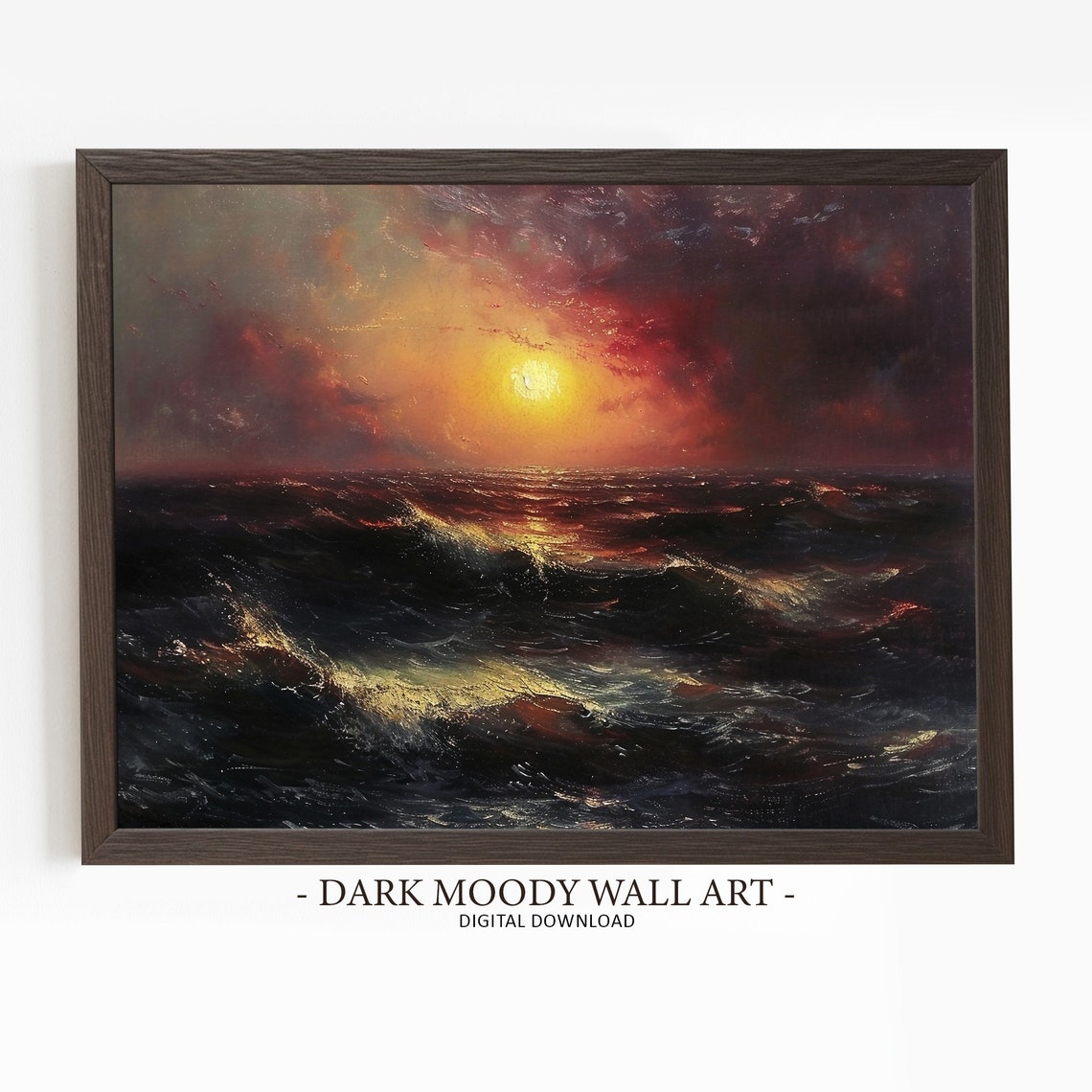 Dramatic Sunset Stormy Ocean Waves Red Sky Moody Seascape Poster