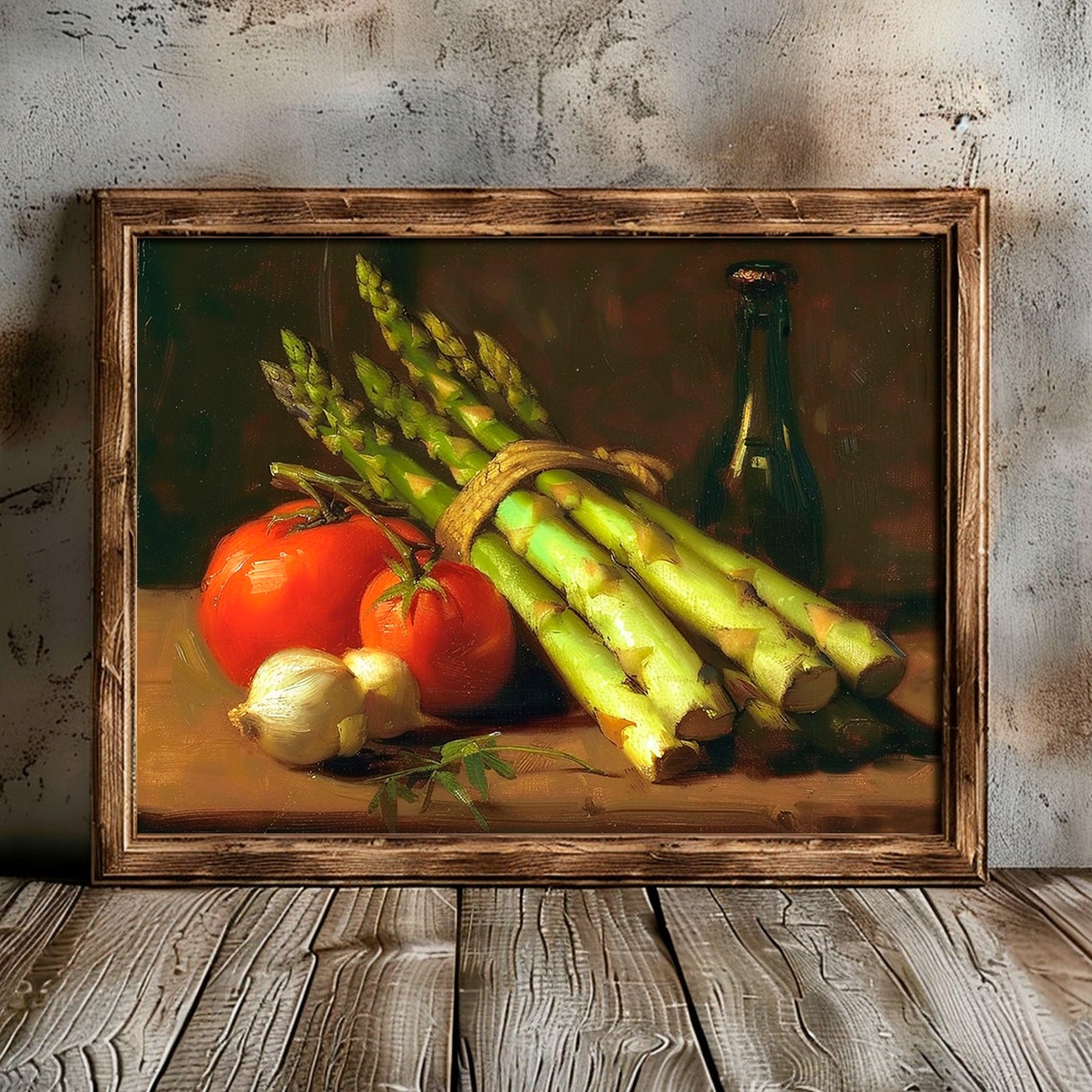 Asparagus Tomatoes Garlic Still Life Dark Oil Painting Kitchen Poster - Image 2