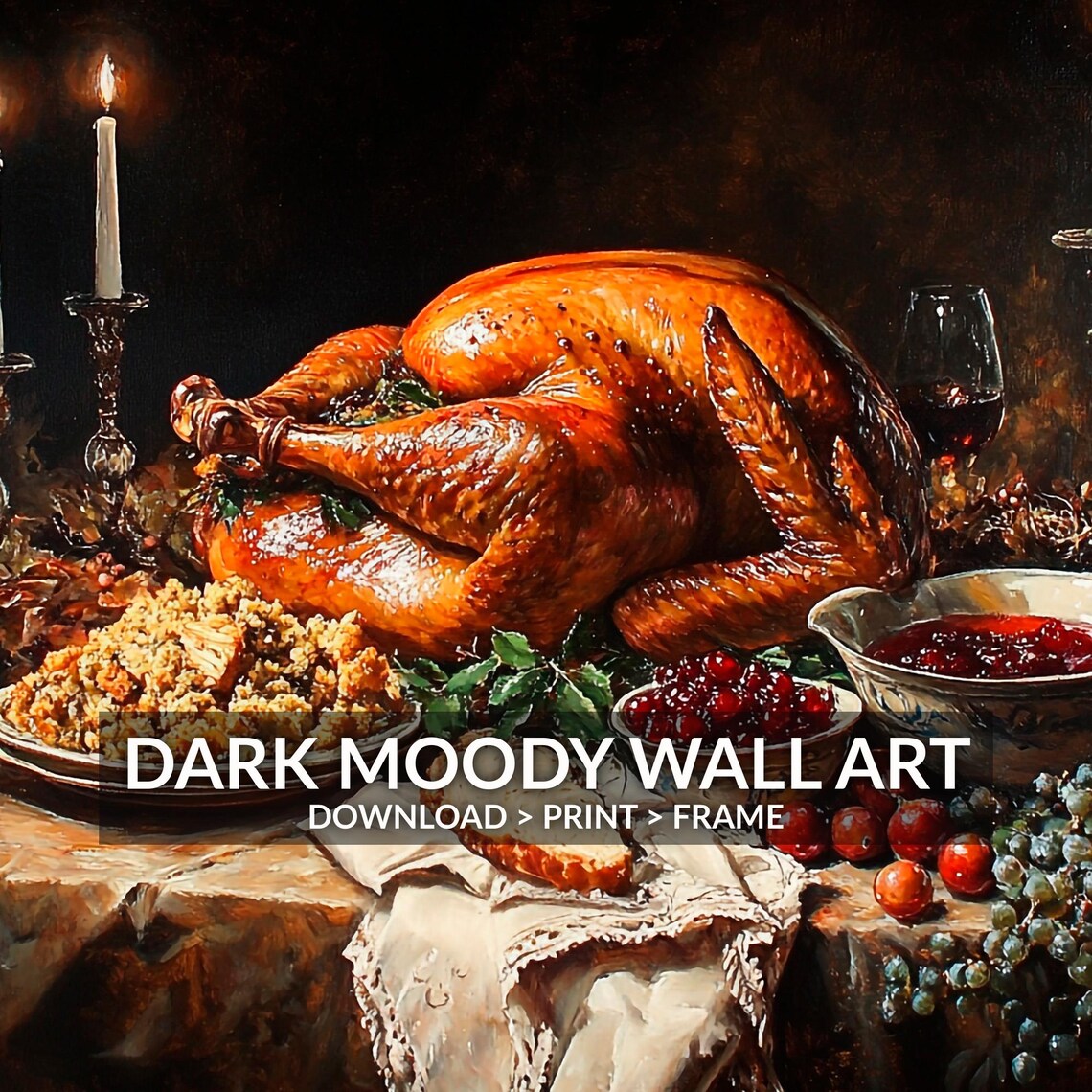 Candlelit Roast Turkey Wine Glasses Thanksgiving Feast Night Art Poster - Image 6