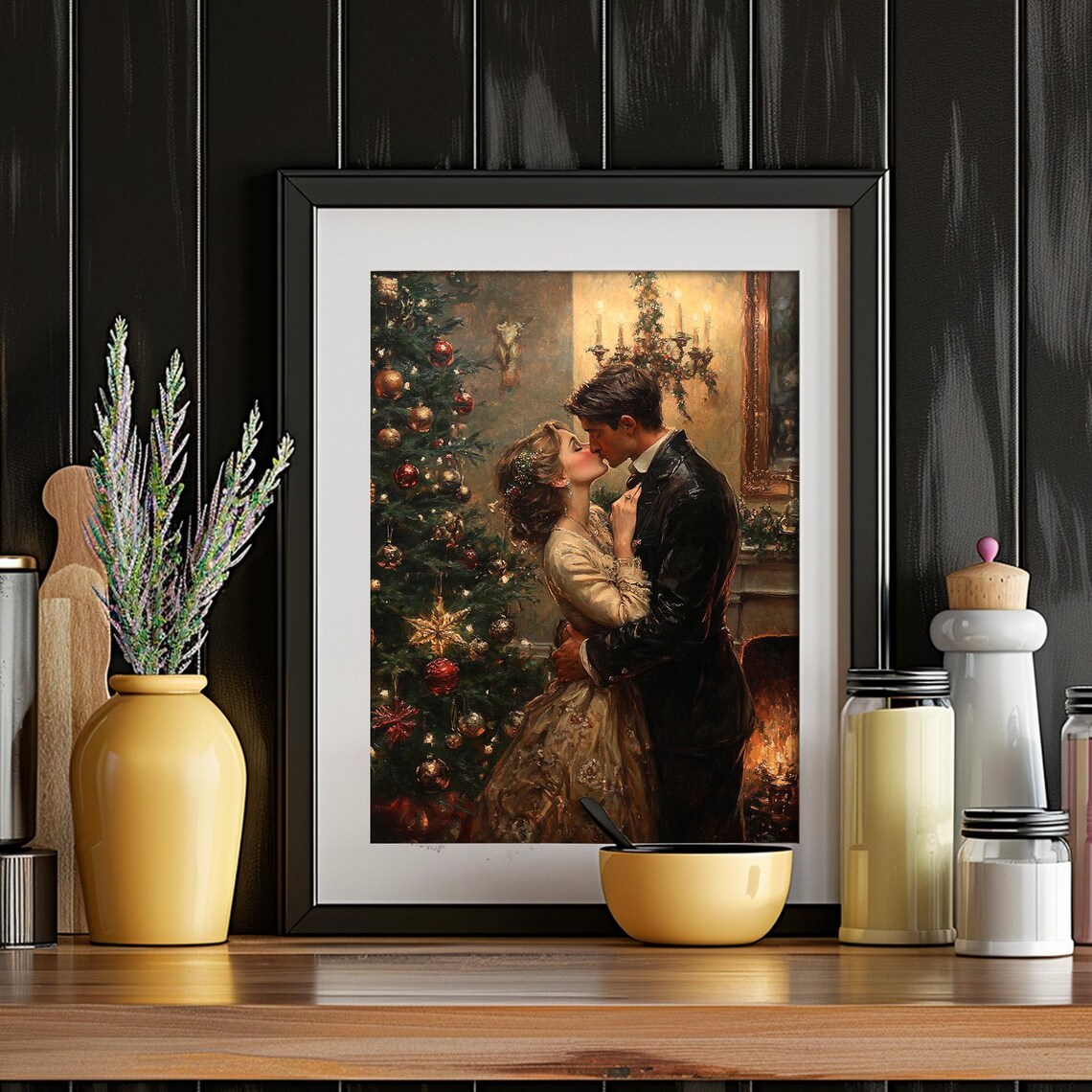 Victorian Couple Kissing By Christmas Tree Fireplace Romance Wall Art - Image 5