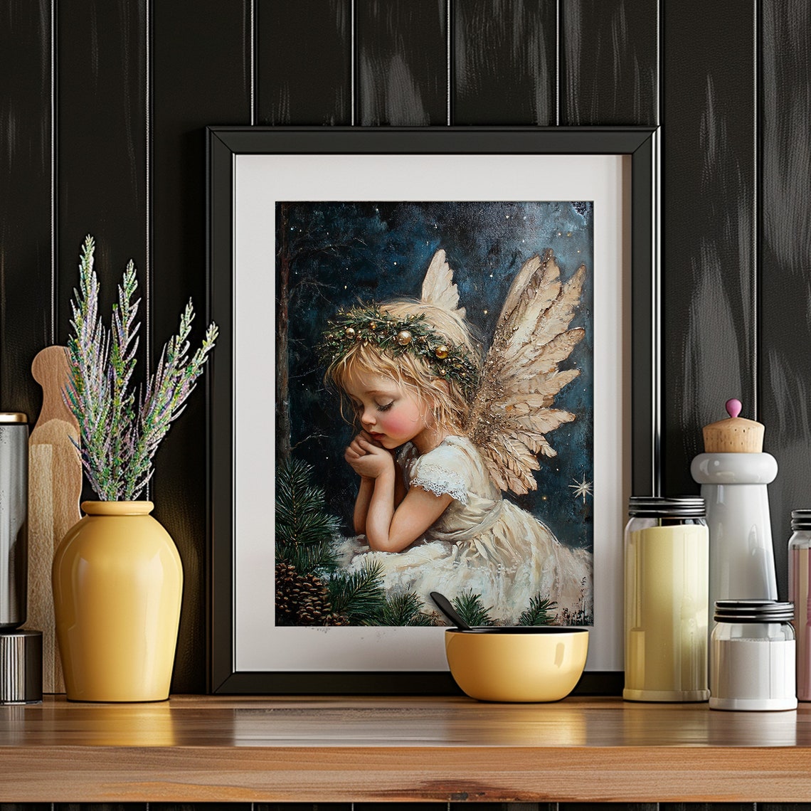Praying Angel Child Pine Boughs Starry Night Painting Poster - Image 4