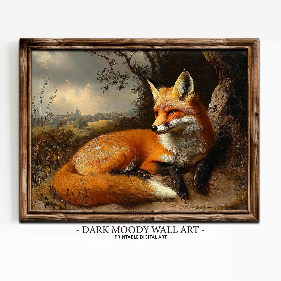 Red Fox Resting Beside Tree Vintage Wildlife Portrait Painting Poster