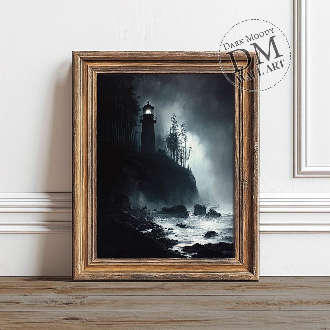 Lighthouse Foggy Cliff Moody Dark Coastal Storm Night Wall Art