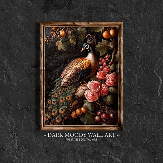 Vintage Floral Peacock Prints Botanical Dark Cottagecore Wall Art Moody Dark Academia Home Decor Farmhouse Lacquer Painting