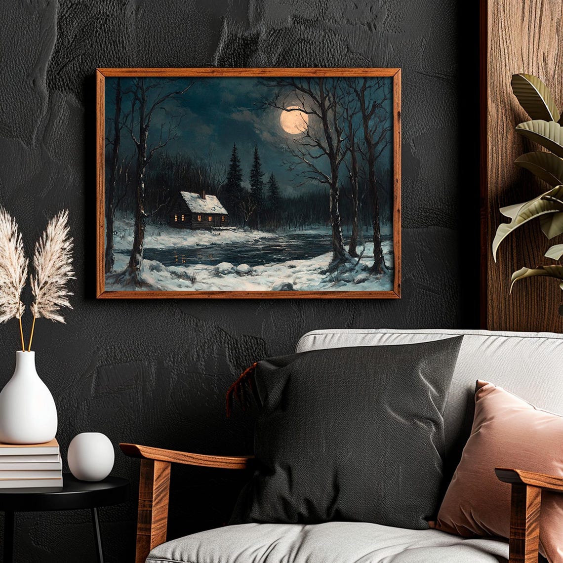 Winter Night Forest Wall Art Rustic Cottage Print Dark Moody Landscape Painting - Image 4