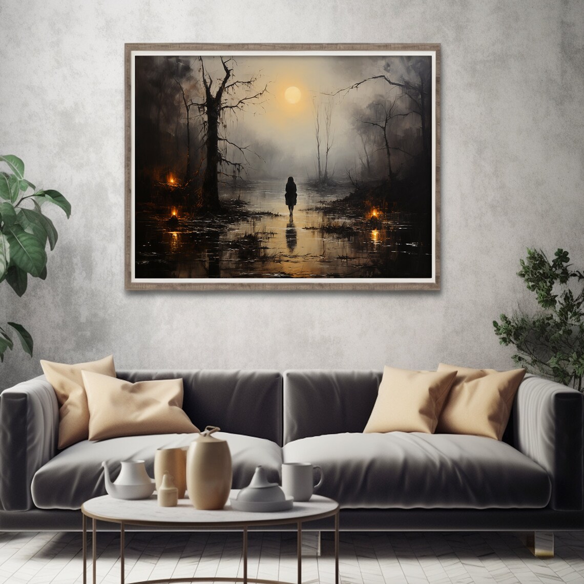 Lone Figure in a Moonlit Swamp Mist Dark Moody Landscape Art Poster - Image 4