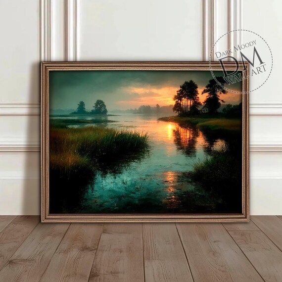 Moody Marsh Sunset Silhouette Trees Calm Water Nature Poster