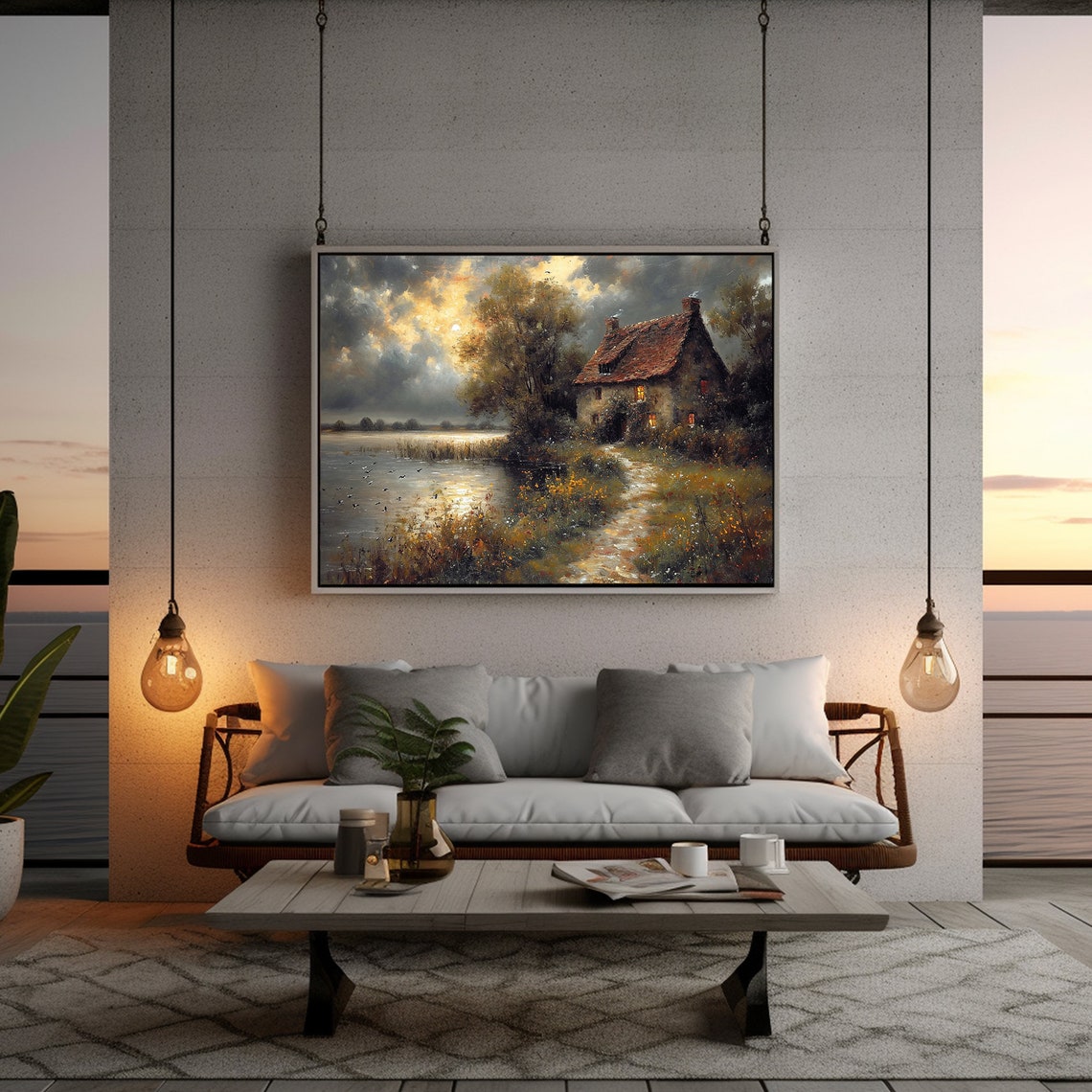Sunset Cottage Print Moody Lake House Wall Art Dark Cottagecore Art Relaxing Rustic Wall Decor - Image 2