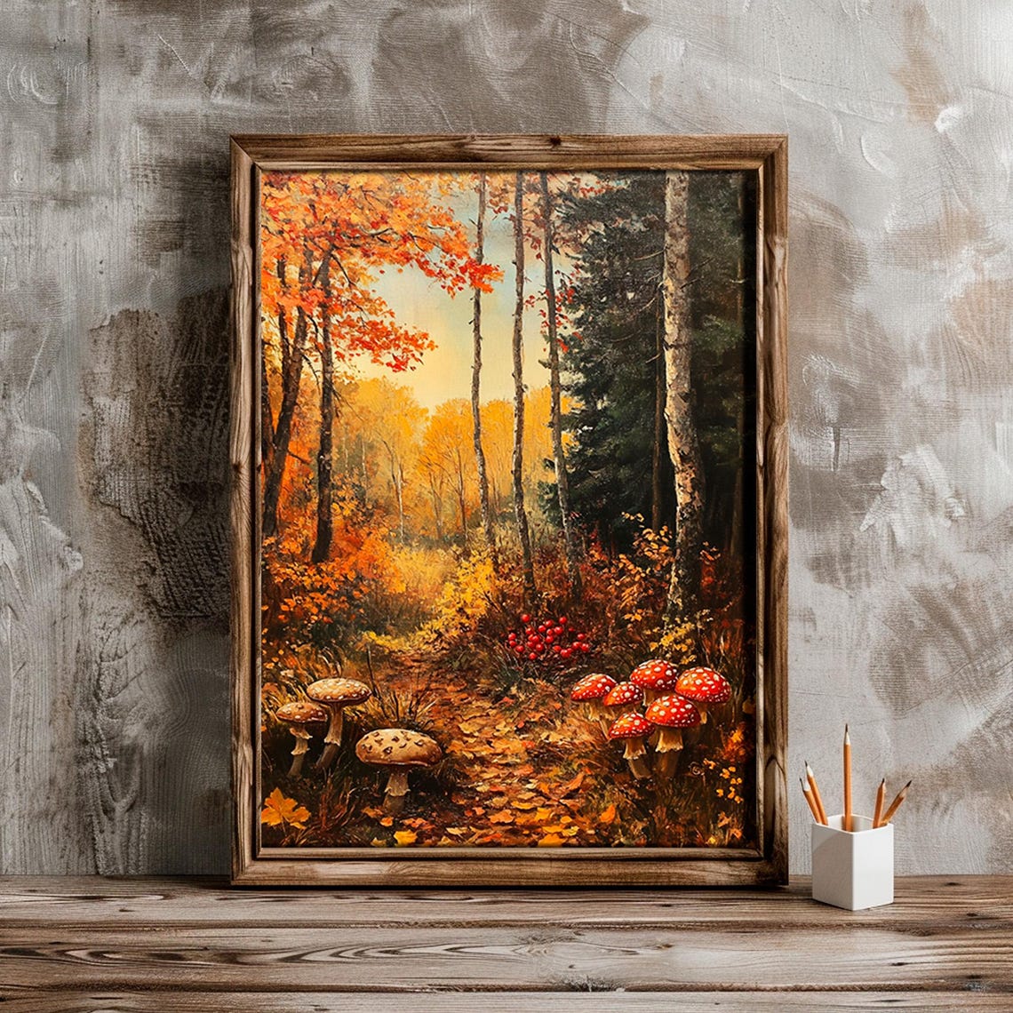 Mushrooms Leafy Forest Path Glowing Orange Canopy Autumn Wall Art - Image 2
