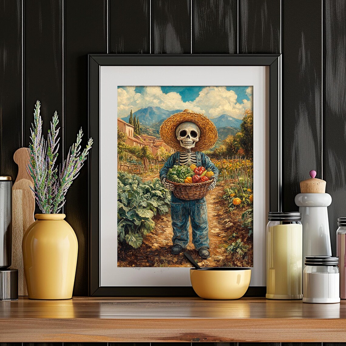 Day of the Dead Skeleton Farmer Vegetable Basket Garden Sugar Skull Folk Art Poster - Image 4