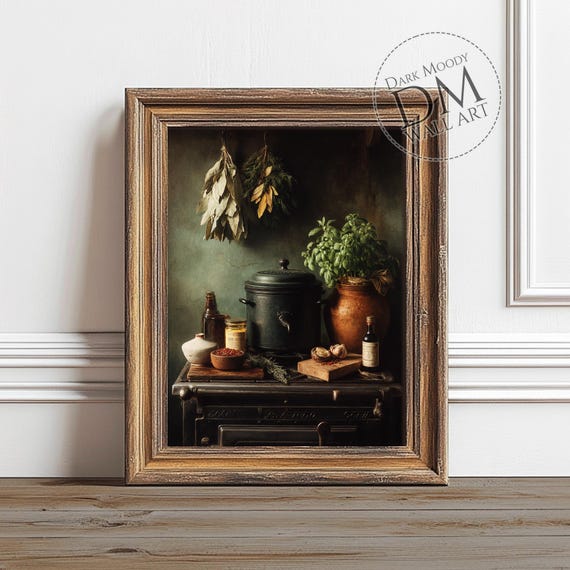 Italian Rustic Kitchen Wall Art, Moody Herbs Wine Still Life