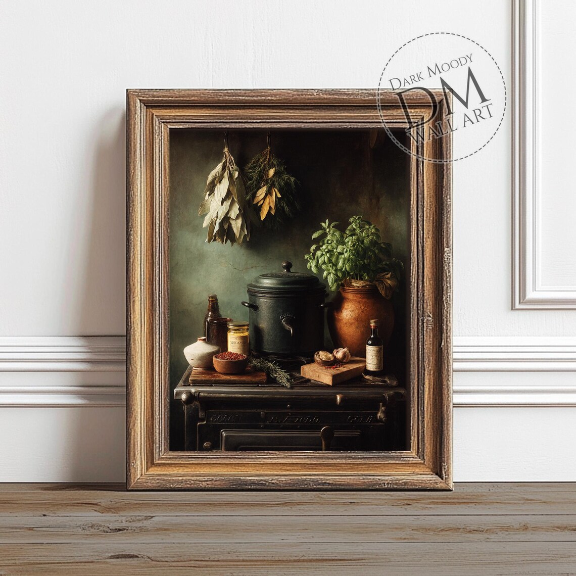Italian Rustic Kitchen Wall Art, Moody Herbs Wine Still Life