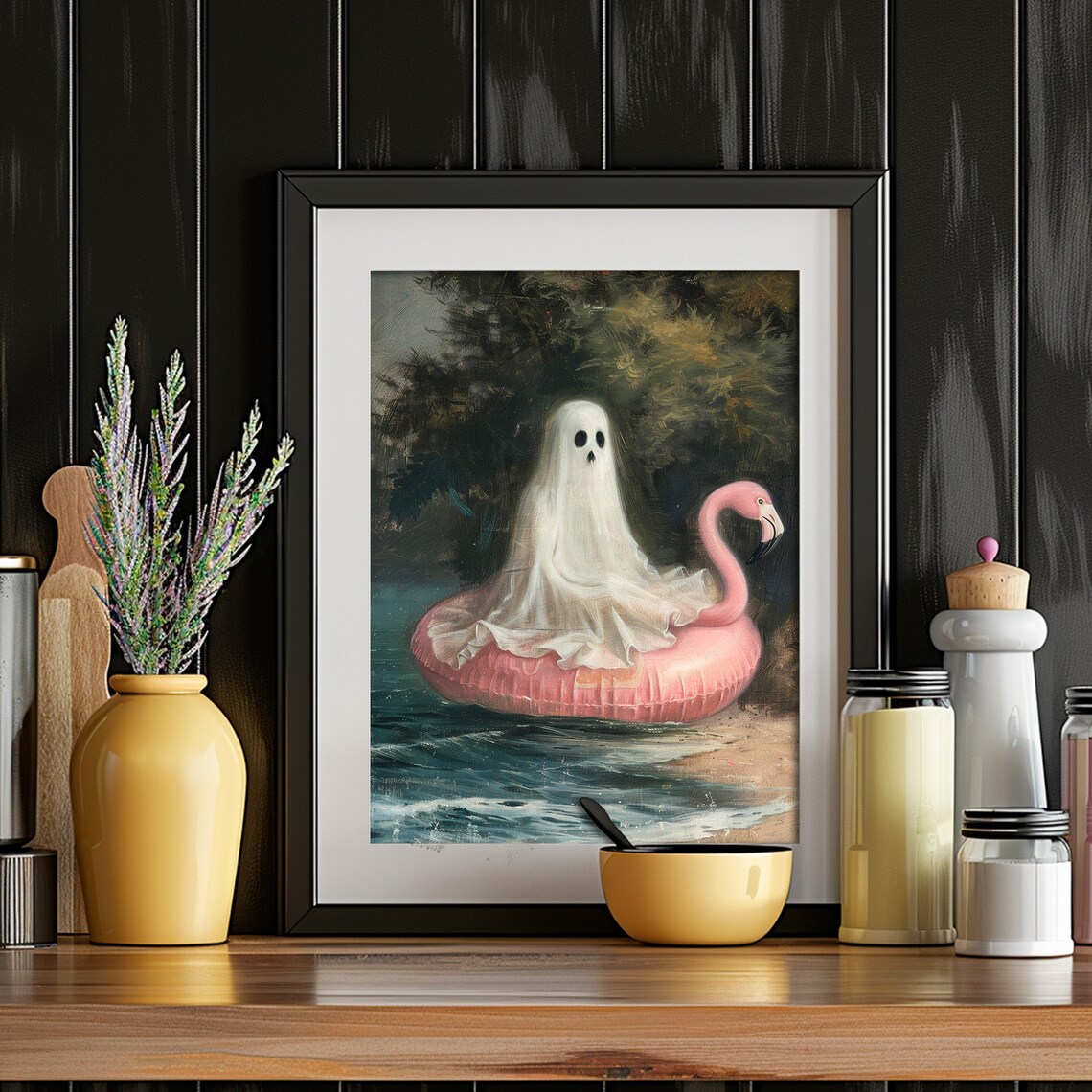Ghost On Flamingo Swim Ring Funny Bathroom Poster - Image 2