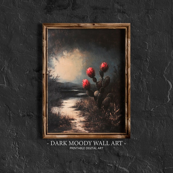 Prickly Pear Cactus Print Antique Mexican Wall Art Dark Academia Decor Gothic Flower Still Life Dark Moody Floral Cactus Print