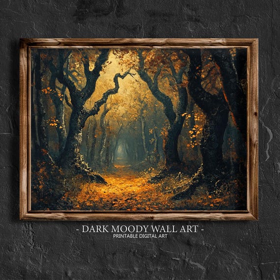 Fall Prints Rustic Fall Forest Wall Art Moody Autumn Landscape Oil Painting Vintage Moody Autumn Wall Art Fall Trees