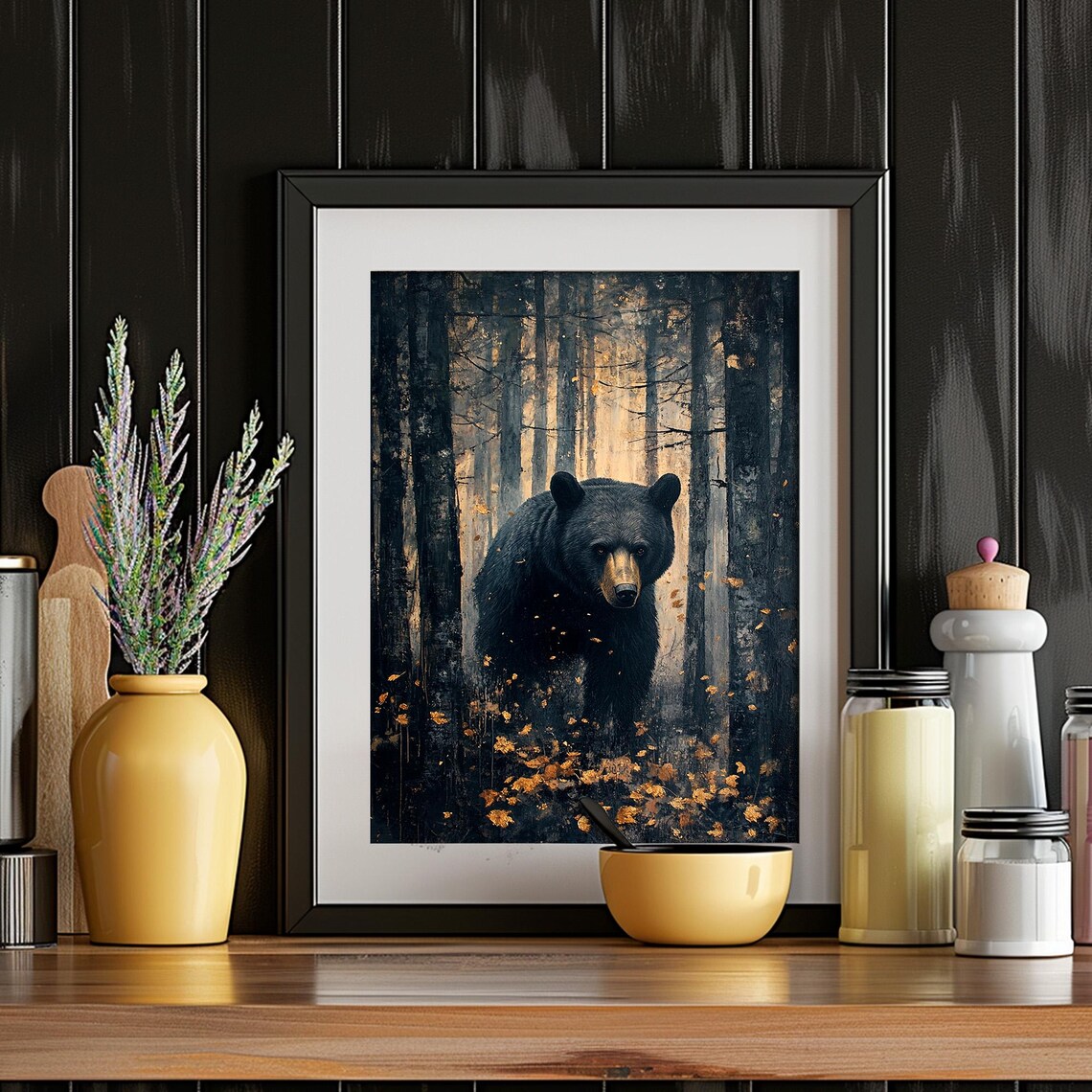 Black Bear Walking Moody Autumn Forest Wildlife Painting Wall Art - Image 2