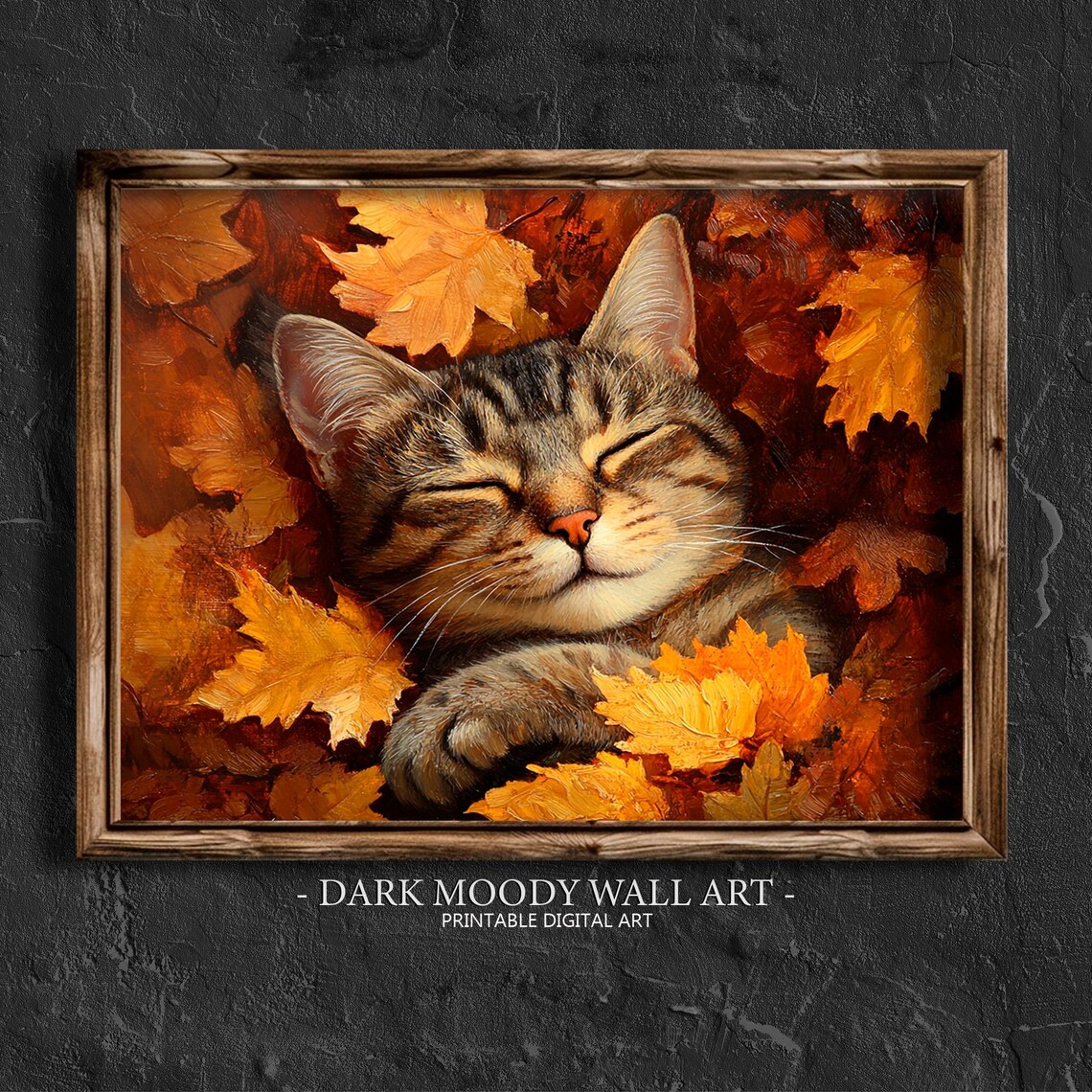 Sleepy Tabby Cat Autumn Maple Leaves Cozy Moody Portrait Poster
