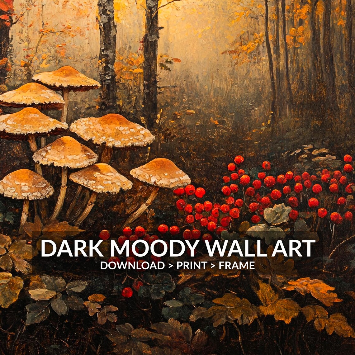 Wild Mushrooms and Red Berries in Golden Autumn Forest Oil Painting Poster - Image 3