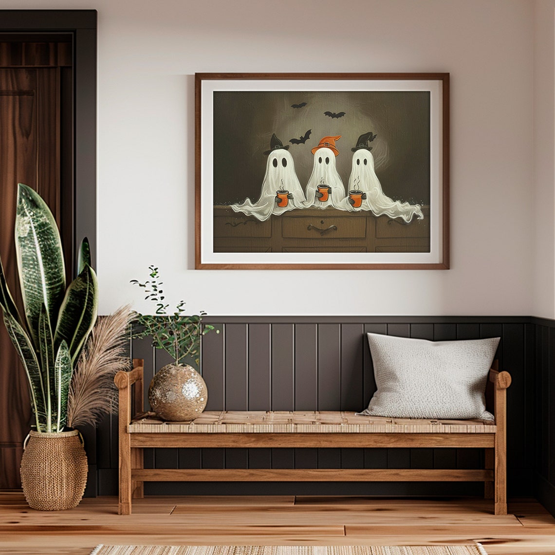 Three Ghosts Witch Hats Drinking Cocoa Cute Halloween Painting Poster - Image 4