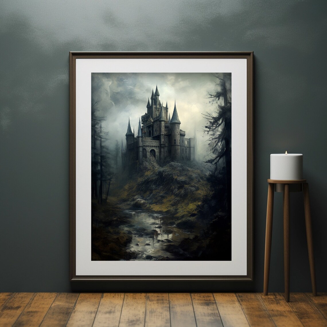 Dark Gothic Castle on a Misty Hill Moody Medieval Landscape Art Poster - Image 6