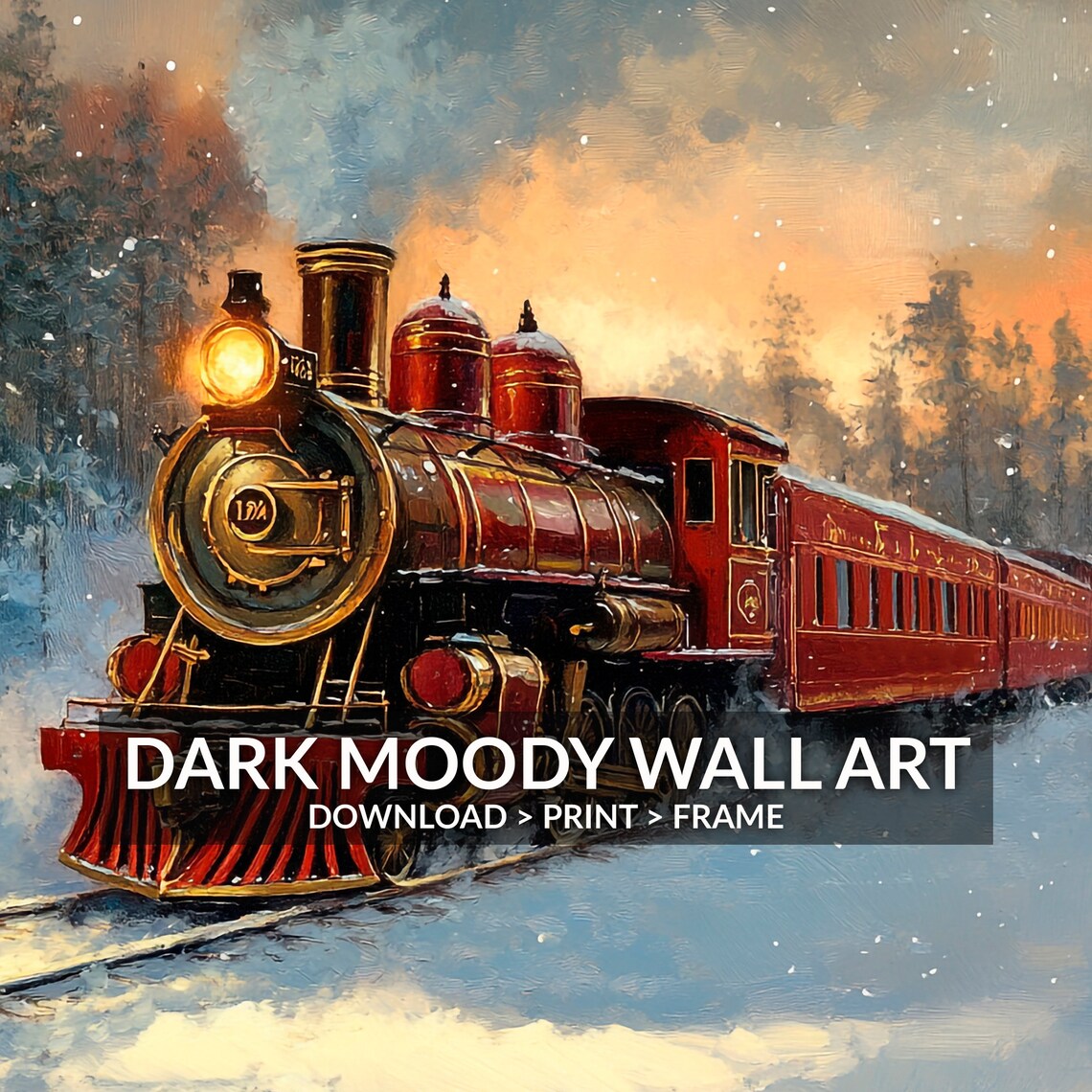 Vintage Red Steam Train Snowy Forest Sunset Scene Painting Poster - Image 6