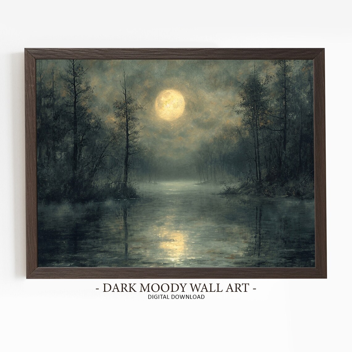 Dark Moonlight Moody Forest Landscape, Rustic Decor