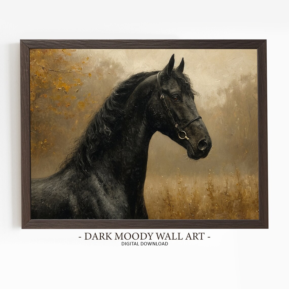 Black Horse Portrait Golden Autumn Moody Equestrian Painting Poster
