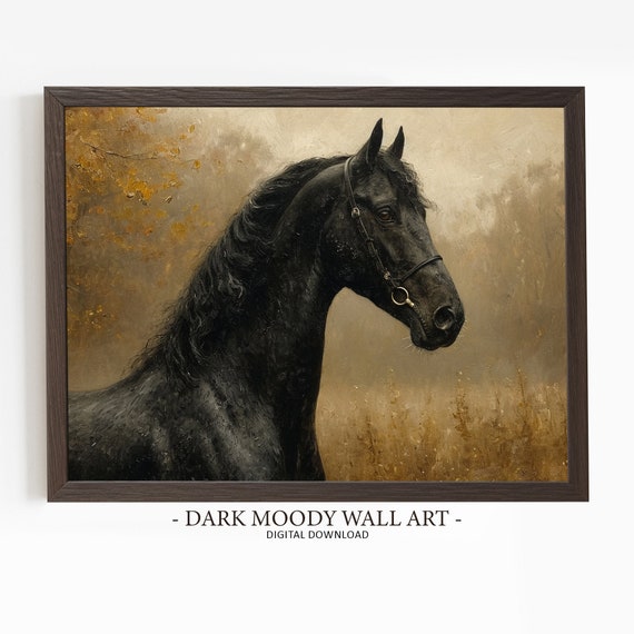 Black Horse Painting Moody Fall Landscape Prints Dark Forest Cottagecore Art Rustic Wall Decor