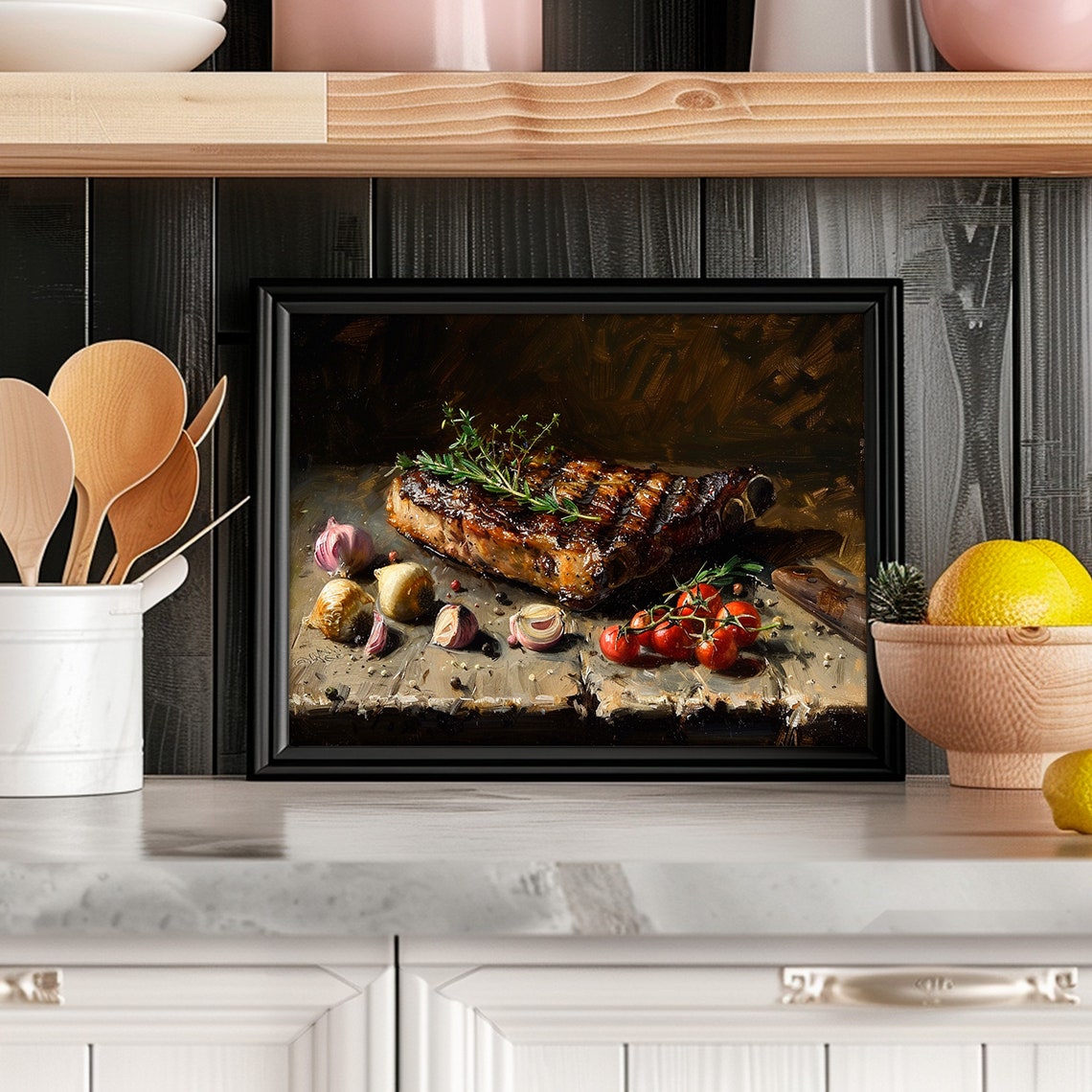 Barbecue Glazed Ribs Rosemary Shallots Tomatoes Moody Art Print - Image 2