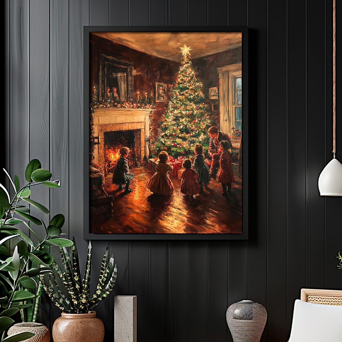 Family Around Christmas Tree Fireplace Warm Evening Scene Poster - Image 2