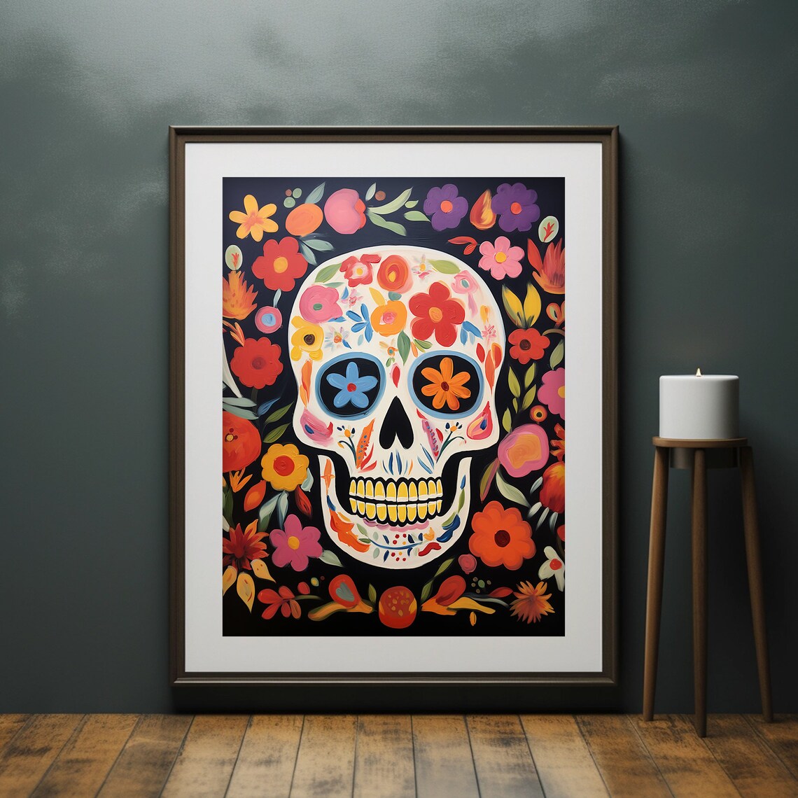 Colorful Sugar Skull Dia De Los Muertos Folk Art Painting Poster - Image 4