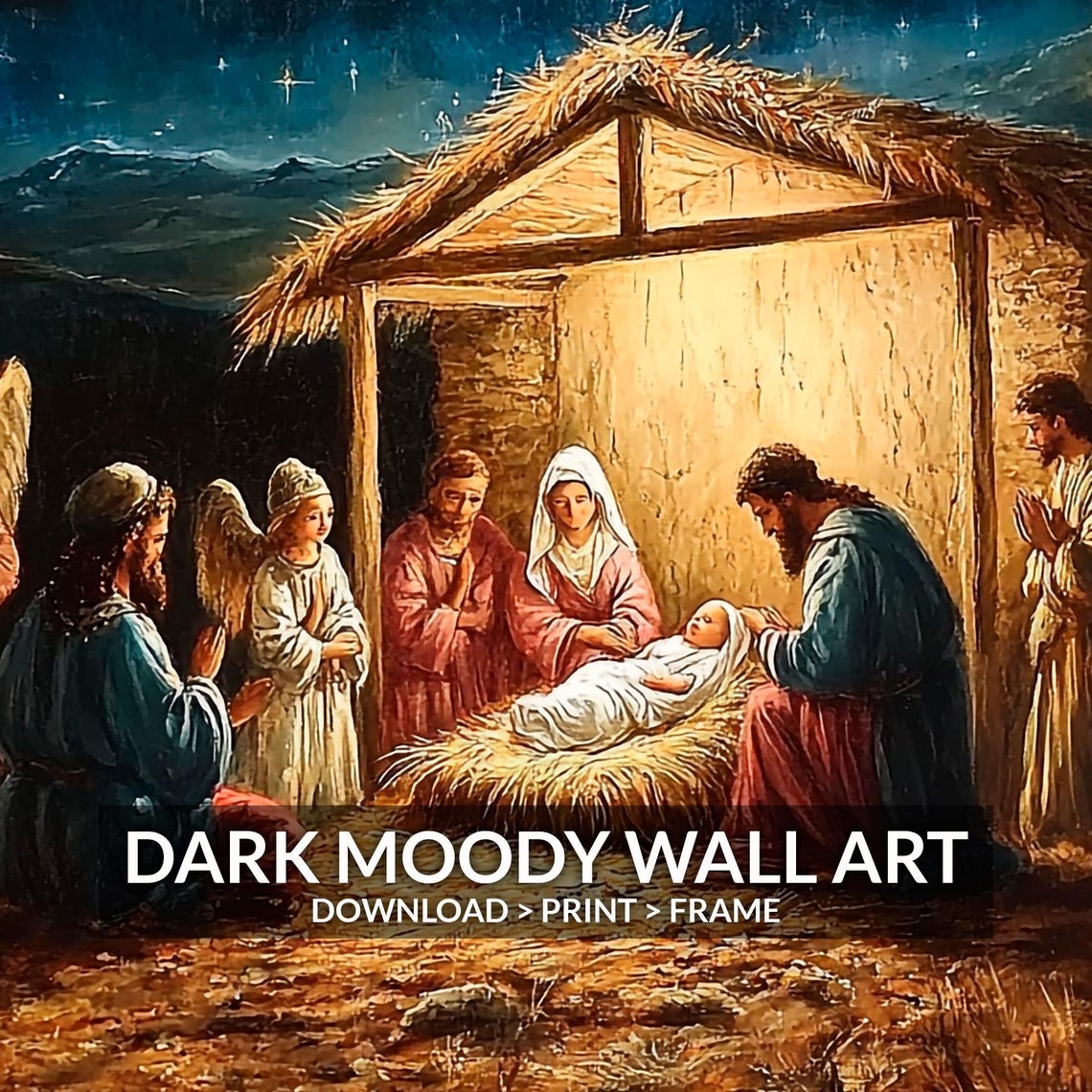 Nativity Scene Holy Family In Stable Under Starry Night Sky Wall Art - Image 6