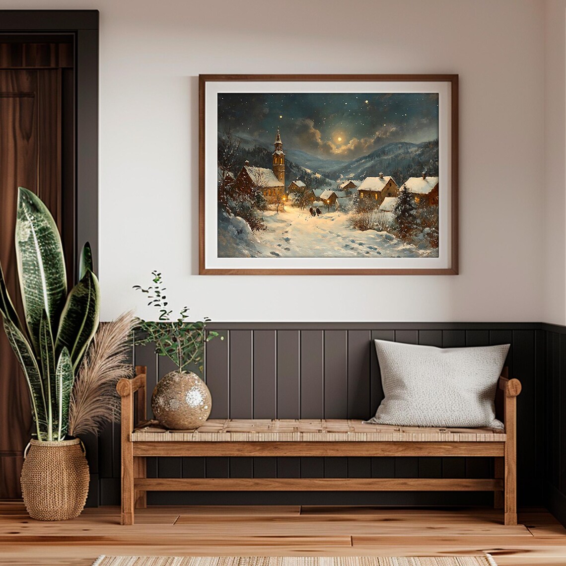 Snowy Village Church Starry Night Mountain Winter Painting Poster - Image 2