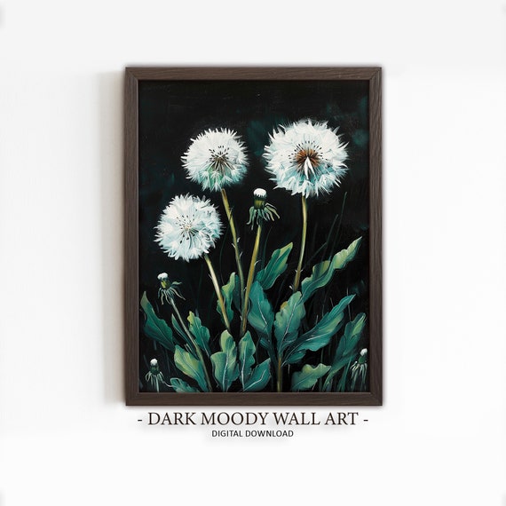 Dandelion Painting Floral Dark Academia Wall Art Dark Moody Flower Still Life Floral Dandelion Print