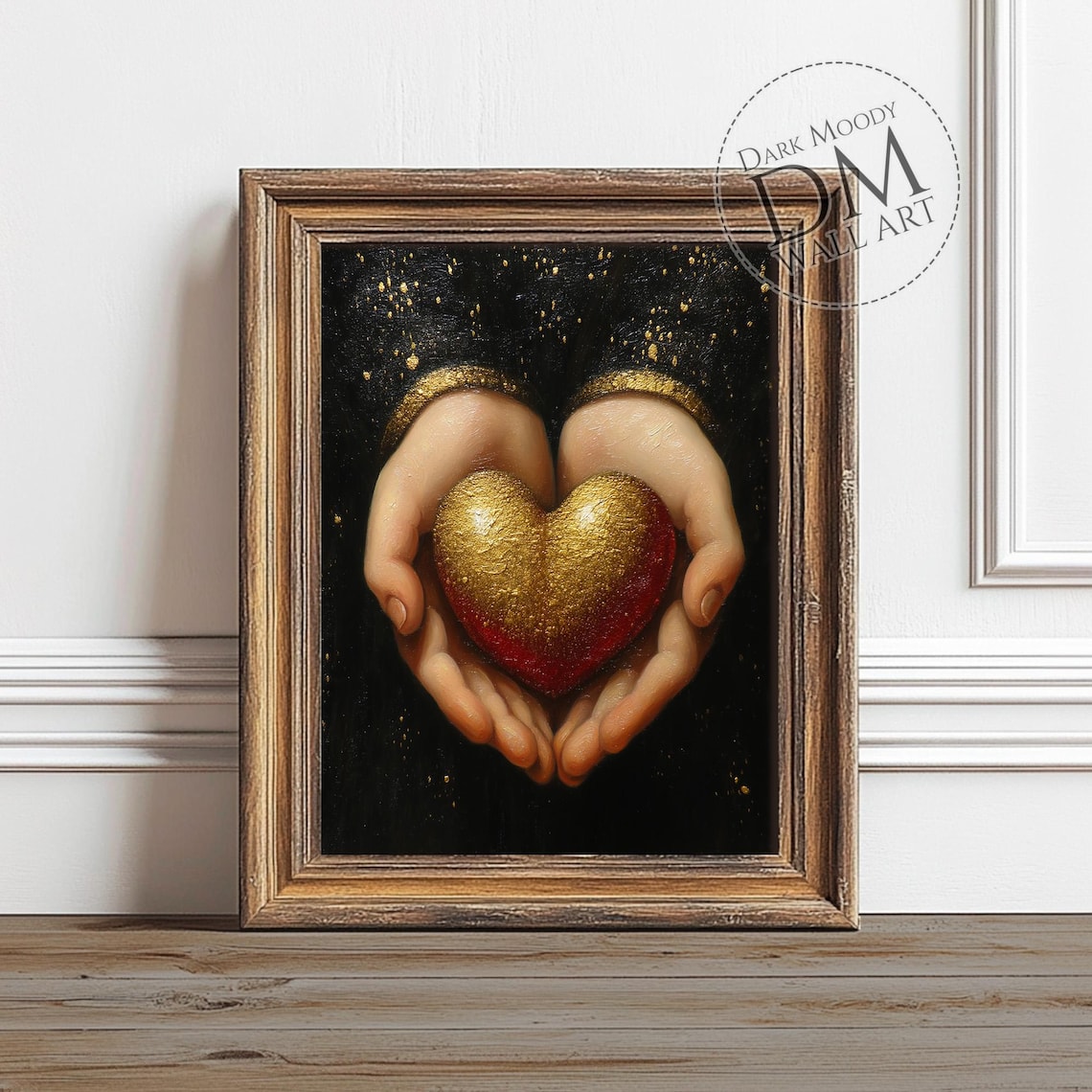 Hands Holding Golden Heart On Black Dark Moody Romantic Poster