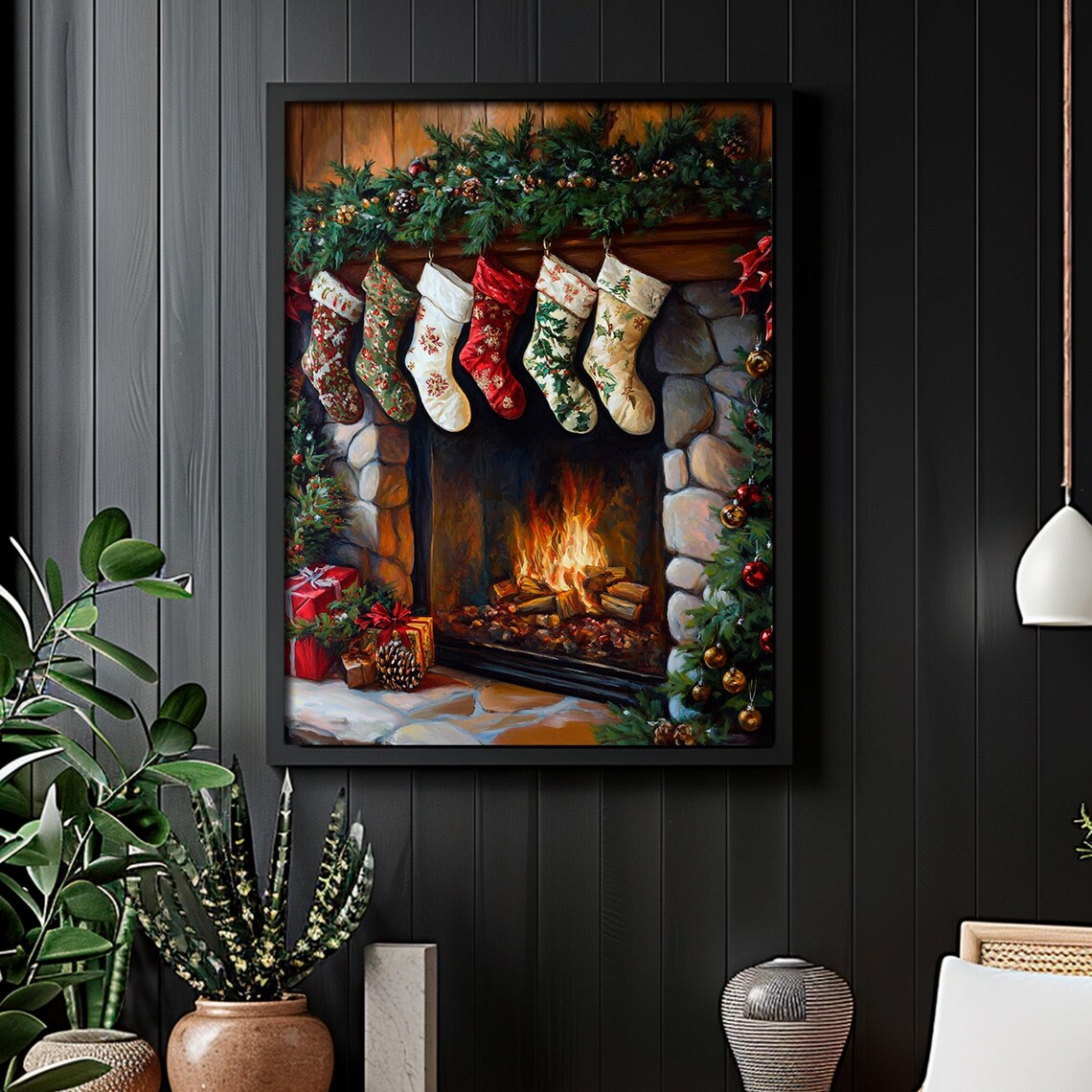 Cozy Fireplace With Hung Stockings and Gifts Christmas Wall Art - Image 6