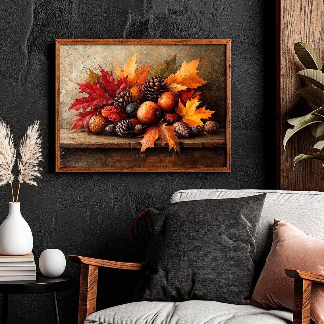 Autumn Still Life Pinecones Berries Maple Leaves Rustic Table Oil Painting Poster - Image 6